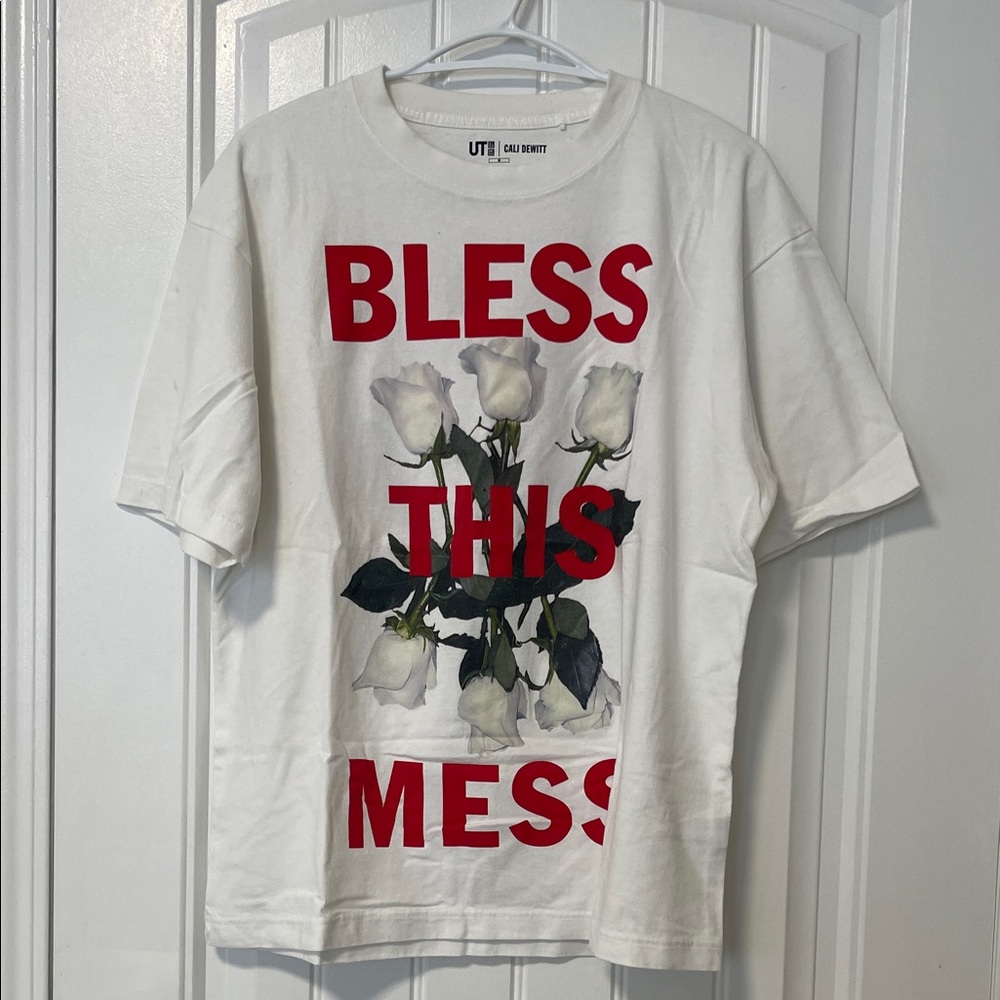 Uniqlo White Tee with Red Text and Floral Design